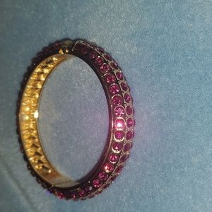Gold Tone Round Hinged Bangle Bracelet with Sparkling Fuchsia Rhinestones Medium